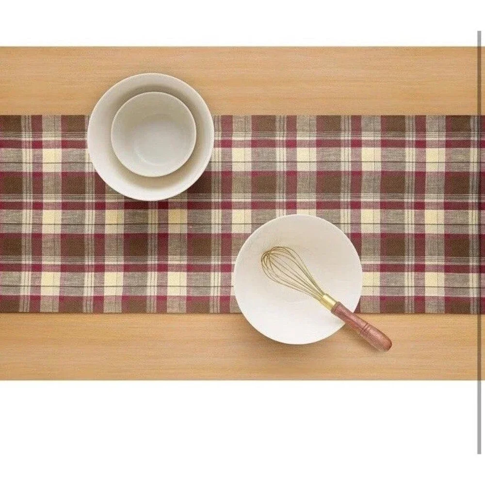 Solino Home 100% Pure Linen Table Runner Fall Dining Party Burgundy Plaid 14x60